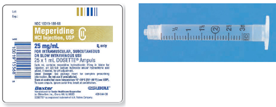 Calculate these dosages using ratio and proportion. Express mL answers to the nearest tenth (or hundredth where indicated) using the medication labels provided. Measure the dosages you calculate on the syringes provided. Have your answers checked by your instructor to be sure you have calculated and measured the dosages correctly. meperidine HCl 30 mg ____   