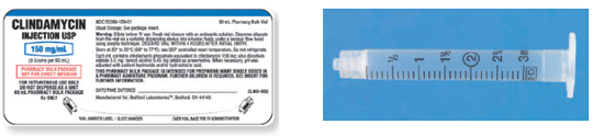 Calculate these dosages using DA. Express mL answers to the nearest tenth (or hundredth where indicated) using the medication labels provided. Measure the dosages you calculate on the syringes provided. Have your answers checked by your instructor to be sure you have calculated and measured the dosages correctly. clindamycin 225 mg ____