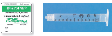 Calculate these dosages using DA. Express mL answers to the nearest tenth (or hundredth where indicated) using the medication labels provided. Measure the dosages you calculate on the syringes provided. Have your answers checked by your instructor to be sure you have calculated and measured the dosages correctly. Inapsine ? mg ____