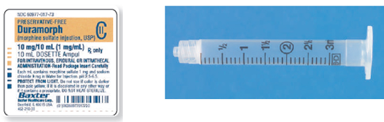 Calculate these dosages using DA. Express mL answers to the nearest tenth (or hundredth where indicated) using the medication labels provided. Measure the dosages you calculate on the syringes provided. Have your answers checked by your instructor to be sure you have calculated and measured the dosages correctly. morphine sulfate 1.5 mg ____