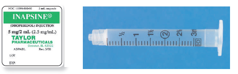 Calculate these dosages using DA. Express mL answers to the nearest tenth (or hundredth where indicated) using the medication labels provided. Measure the dosages you calculate on the syringes provided. Have your answers checked by your instructor to be sure you have calculated and measured the dosages correctly. droperidol 4 mg ____