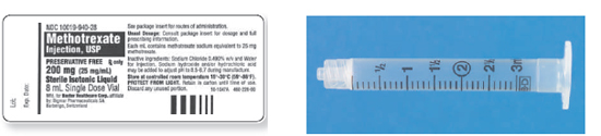 Calculate these dosages using DA. Express mL answers to the nearest tenth (or hundredth where indicated) using the medication labels provided. Measure the dosages you calculate on the syringes provided. Have your answers checked by your instructor to be sure you have calculated and measured the dosages correctly. methotrexate 40 mg ____