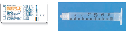Calculate these dosages using DA. Express mL answers to the nearest tenth (or hundredth where indicated) using the medication labels provided. Measure the dosages you calculate on the syringes provided. Have your answers checked by your instructor to be sure you have calculated and measured the dosages correctly. morphine 15 mg ___