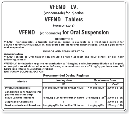 Read the dosage labels and literature provided to answer the questions. There is a bold type and capitalized warning for IV administration of VFEND on this insert. What is it? _______   