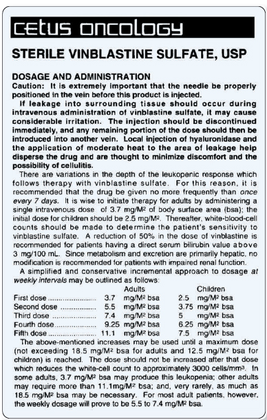 Calculate the following dosages of vinblastine to the nearest whole number from the information available in Figure. Calculate the dosage for an adult's third dose. The patient's BSA is 1.91 m 2.___ Figure