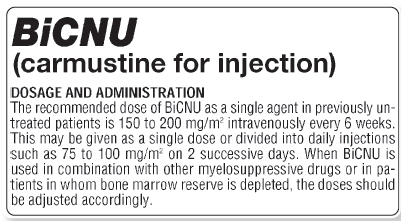 Refer to Figure for BiCNU? to locate the following information. Express all dosages to the nearest whole number. If the order for this patient is a single dosage of 325 mg, is there any need to question it? ___ Figure