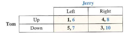 For question, refer to the following payoff matrix: If Tom plays Down and Jerry plays Left, what is Jerry's payout? A) 1 B) 3 C) 7 D) 5