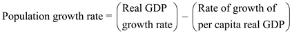 Population growth rate is the index showing the growth with respect to real GDP and Per capita. This is given by the formula:   Substitute the values of Real GDP growth rate = 3.1%, Rate of growth of per capita real GDP = 0.3% in above formula:   Therefore, the population growth rate iS<sub>2</sub>.8%.