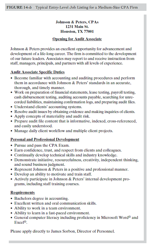 The job listing for Johnson Peters, CPAs, shown in Figure 14-5 , is a typical listing of an entry-level job opening in a small to medium-size CPA firm. Assume you have all the qualifications for this job. Write your résumé and a letter of application to respond to this listing. Invent any facts you may need to complete this assignment. Address your letter to James Sorbon, Director of Personnel.  