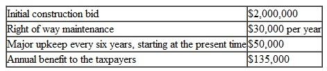 The Adams Construction Company is bidding on a project to install a large flood drainage culvert from Dandridge to a distant lake. If they bid $2,000,000 for the job, what is the benefit-cost ratio inview of the following data The MARR is 6% per year, and the project's life is 30 years.