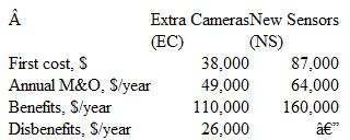 The two alternatives shown are under consideration for improving security at a county jail in Travis County, New York. Determine which one should be selected, based on a B/C analysis, an interest rate of 7% per year and a 10-year study period.