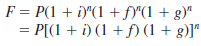 Factors that increase costs and prices especially for materials and manufacturing costs sensitive to market, technology, and labor availability can be considered separately using the real interest rate i, the inflation rate f, and additional increases that grow at a geometric rate g. The future amount is calculated based on a current estimate by using the relation The product of the first two terms enclosed in parentheses results in the inflated interest rate i f. The geometric rate is the same one used in the geometric series (Chapter 2). It commonly applies to maintenance and repair cost increases as machinery ages. This is over and above the inflation rate. If the current cost to manufacture an electronic subcomponent is $300,000 per year, what is the equivalent cost in 3 years, provided the average annual rates for i, f, and g are 10%, 3%, and 2%, respectively
