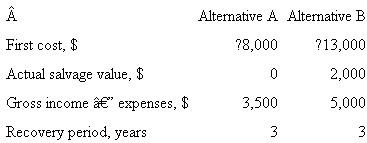 Choose between alternatives A and B below if the after-tax MARR is 8% per year, MACRS depreciation is used, and T e = 40%. The GI-OE estimate is made for only 3 years; it is zero when each asset is sold in year 4.  