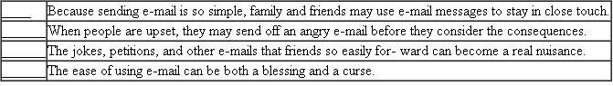 In the following groups, one statement is the general point and the other statements are specific support for the point. Identify each point with a P and each statement of support with an S. EXAMPLE EXPLANATION The point-that the writer's college is easy for the writer to get to-is strongly supported by the three specific details stated.