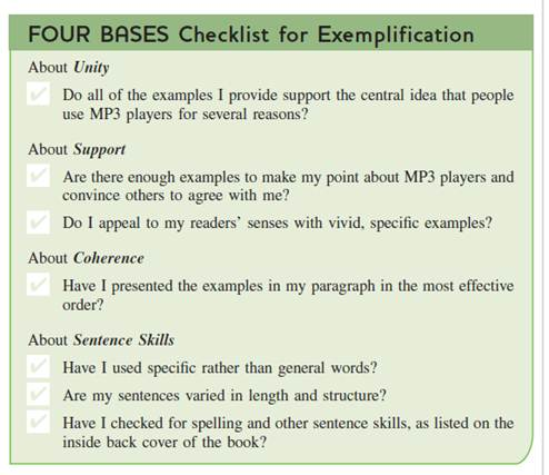 The assignment here is to complete an unfinished paragraph (in the box), which has as its topic sentence, People use MP3 players for more than just listening to music. Provide the supporting details needed to develop the examples. The first example is done for you. Uses for MP3 Players People use MP3 players for more than just listening to music. Many people wear earpieces connected to iPods or other MP3 players just so they can drown out annoying noises. In a large city, being exposed to the roar of buses and trains for more than a few minutes can be nerve-wracking. Then there are the cars and taxis that blow their horns at each other and at pedestrians as they bully their way through traffic. Being plugged into an electronic device can also come in handy on a crowded bus, train, or other type of public transportation. _________________________________________________________________________________________________________________________________________________________________________________ Listening to background music on an MP3 player can help one concentrate on important tasks even when in busy places where others are coming and going and talking among themselves. _________________________________________________________________________________________________________________________________________________________________________________ Finally, listening to these devices helps drown out unwanted noise at home. _________________________________________________________________________________________________________________________________________________________________________________ Prewriting a. On a separate piece of paper, jot down a couple of answers for each of the following questions. • How can being plugged into an MP3 player help people avoid noise pollution on a bus, train, or other type of public transportation What kinds of noise distractions have you experienced when using public transportation • What tasks do you find easier to concentrate on when listening to music that comes through an earpiece Why does the music make it easier to concentrate on these tasks even when you are in a place that is crowded and noisy Name specific places that you often find crowded and noisy. • What kinds of unwanted noises annoy or disturb you at home Does such noise break your concentration when you are trying to do something important What are some of these tasks or projects Your instructor may ask you to work with one or two other students in generating the details needed to develop the three examples in the paragraph. The groups may then be asked to read their details aloud, with the class deciding which details are the most effective for each example. Here and in general in your writing, try to generate more supporting material than you need. You are then in a position to choose the most convincing details for your paragraph. b. Read over the details you have generated and decide which sound most effective. Jot down additional details as they occur to you. c. Take your best details, reshape them as needed, and use them to complete the paragraph explaining why people plug into electronic devices. Revising Read over the paragraph you have written. Ask yourself these questions. Continue revising your work until you can answer yes to all these questions.