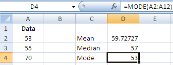 Consider the data in Excel as shown below:    To calculate the mean in Excel, use function    as shown below:    To calculate the median in Excel, use function    as shown below:    Mode is that value which occurs most frequently in the given data. To calculate the mode in Excel, use function    as shown below:    Hence, for the given data, the respective mean, median and mode is    .