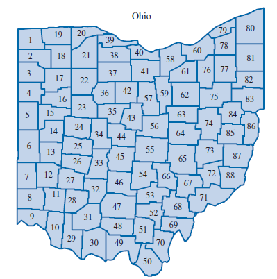 CHB, Inc. is a bank holding company that is evaluating the potential for expanding into the state of Ohio. State law permits establishing branches in any county that is adjacent to a county in which a PPB (principal place of business) is located. The following map shows the State of Ohio. The file CHB contains an adjacency matrix with a one in the i th row and j th column indicating that the counties represented by the i th row and the j th column share a border. A zero indicates that the two counties do not share a border. Formulate and solve a linear binary model that will tell CHB the minimium number of PPB's required and their location in order to allow CHB to put a branch in every county in Ohio.   