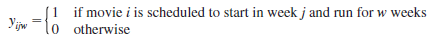 Suppose that management of Valley Cinemas would like to investigate the potential of using a scheduling system for their chain of multiple-screen theaters. Valley selected a small two-screen movie theater for the pilot testing and would like to develop an integer programming model to help schedule the movies. Six movies are available. The first week each movie is available, the last week each movie can be shown, and the maximum number of weeks that each movie can run are shown here:     The overall viewing schedule for the theater is composed of the individual schedules for each of the six movies. For each movie, a schedule must be developed that specifies the week the movie starts and the number of consecutive weeks it will run. For instance, one possible schedule for movie 2 is for it to start in week 1 and run for two weeks. Theater policy requires that once a movie is started, it must be shown in consecutive weeks. It cannot be stopped and restarted again. To represent the schedule possibilities for each movie, the following decision variables were developed:     For example, x 532 5 1 means that the schedule selected for movie 5 is to begin in week 3 and run for two weeks. For each movie, a separate variable is given for each possible schedule. a. Three schedules are associated with movie 1. List the variables that represent these schedules. b. Write a constraint requiring that only one schedule be selected for movie 1. c. Write a constraint requiring that only one schedule be selected for movie 5. d. What restricts the number of movies that can be shown in week 1 Write a constraint that restricts the number of movies selected for viewing in week 1. e. Write a constraint that restricts the number of movies selected for viewing in week 3.