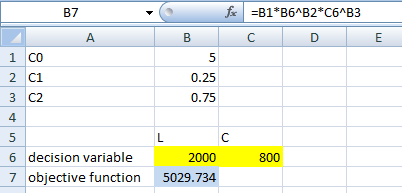 a. The optimization model can be developed as: b.Define the decision variables and objective function as shown in the screenshot: Define the constraint by using function. The screenshot is shown below: All the inputs have been done; hence click on Solve icon. A dialog box will appear. In the Target cell box, input B7, where final result of NET PRESENT VALUE will appear. Also, select the MAX option box. In the text box By Changing Cell, update the cell names where the actual numbers are to be updated. Add the constraints. The screenshot is shown below, Now click on OK button. Click on Solve button and Solver dialogue box will appear saying that the solution has been found. The screenshot is as shown below, If the Keep Solver Solution option button is clicked, the value of the decision variable will be updated automatically. The screenshot is as shown below, According to the solver report, the company should use 750 units of each labour and capital.