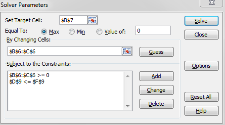 a. The optimization model can be developed as: b.Define the decision variables and objective function as shown in the screenshot: Define the constraint by using function. The screenshot is shown below: All the inputs have been done; hence click on Solve icon. A dialog box will appear. In the Target cell box, input B7, where final result of NET PRESENT VALUE will appear. Also, select the MAX option box. In the text box By Changing Cell, update the cell names where the actual numbers are to be updated. Add the constraints. The screenshot is shown below, Now click on OK button. Click on Solve button and Solver dialogue box will appear saying that the solution has been found. The screenshot is as shown below, If the Keep Solver Solution option button is clicked, the value of the decision variable will be updated automatically. The screenshot is as shown below, According to the solver report, the company should use 750 units of each labour and capital.