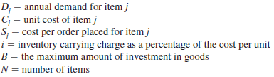 The economic order quantity (EOQ) model is a classical model used for controlling inventory and satisfying demand. Costs included in the model are holding cost per unit, ordering cost, and the cost of goods ordered. The assumptions for that model are that only a single item is considered, that the entire quantity ordered arrives at one time, that the demand for the item is constant over time, and that no shortages are allowed. Suppose we relax the first assumption and allow for multiple items that are independent except for a budget restriction. The following model describes this situation: Let The decision variables are Q j , the amount of item j to order. The model is: In the objective function, the first term is the annual cost of goods, the second is the annual ordering cost and the last term is the annual inventory holding cost a. Set up a spreadsheet model and for the following data: b. Solve the problem using Excel Solver. ( Hint: For Solver to find a solution, you need to start with decision variable values that are greater than 0.)