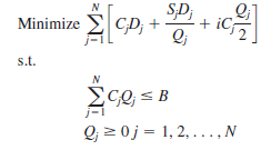 The economic order quantity (EOQ) model is a classical model used for controlling inventory and satisfying demand. Costs included in the model are holding cost per unit, ordering cost, and the cost of goods ordered. The assumptions for that model are that only a single item is considered, that the entire quantity ordered arrives at one time, that the demand for the item is constant over time, and that no shortages are allowed. Suppose we relax the first assumption and allow for multiple items that are independent except for a budget restriction. The following model describes this situation: Let The decision variables are Q j , the amount of item j to order. The model is: In the objective function, the first term is the annual cost of goods, the second is the annual ordering cost and the last term is the annual inventory holding cost a. Set up a spreadsheet model and for the following data: b. Solve the problem using Excel Solver. ( Hint: For Solver to find a solution, you need to start with decision variable values that are greater than 0.)