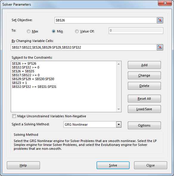 a.Referring to Section 13.4 of this textbook, consider the below notations according to the information given: And: In order to minimize the semivariance for the Hauck Financial data, the below model has been developed: Minimize: Such that: And: Also: b.Enter the data in Excel sheet as shown below. The formulas have also been shown below by the consideration of expected return of 10%: Now, follow the below steps in Excel: 1. Go to Solver add-in in the data menu bar in Excel. 2. A dialog box opens. In it, update the Set Objective cell, By Changing Variables. Also add the required constraints under heading subject to the constraints by clicking on Add button. Then, select GRG Nonlinear solving method. The updated dialog box is shown below: 3. Click on Solve to get the below required solved model output: Hence, the minimum semi-variance for the for the Hauck Financial data is .