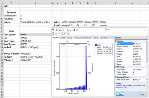 a. The procedure in Analytic Solver Platform to determine the expected net profit corresponding to an order of quantity of 3,000,000 is written below: 1. Click the Analytic Solver Platform tab in the Ribbon. 2. Select the target cell. 3. Click Parameters in the Parameters group Select Simulation Enter the values into Values_or_lower. 4. Click OK. 5. Click Options in the Options group Enter the required simulation value in the box next to Simulations to Run: 6. Click OK. 7. Select the target cell for results. 8. Click Results in the simulation model group Select Statistic and click Mean Select the range accordingly for mean. The formulas used in Analytic Solver Platform to determine the expected net profit corresponding to an order of quantity of 3,000,000 is as shown below: Thus, for an order quantity of $3,000,000, the expected net profit is $16,690,259. b.The formulas used in Analytic Solver Platform to determine the order quantity that maximizes expected is as shown below: An order quantity of about 2,756,000 doses maximizes the expected profit at a value of approximately $16,983,000. There is a 60% chance of running out of flu vaccine at this order quantity. c.The results obtained for the percentiles are as shown below: As shown in the above figure, the 75 th percentile of demand is 3,472,000. Therefore an order quantity of 3,472,000 doses confirms only a 25% chance of successively out of flu vaccine. Re-running the simulation with this order amount results in a predictable profit of $14,410,000. Thus, OuRx will be trailing down $2,573,000 in expected profit if it decides to attain a 75% service level rather than making the most of expected profit.