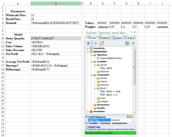 a. The procedure in Analytic Solver Platform to determine the expected net profit corresponding to an order of quantity of 3,000,000 is written below: 1. Click the Analytic Solver Platform tab in the Ribbon. 2. Select the target cell. 3. Click Parameters in the Parameters group Select Simulation Enter the values into Values_or_lower. 4. Click OK. 5. Click Options in the Options group Enter the required simulation value in the box next to Simulations to Run: 6. Click OK. 7. Select the target cell for results. 8. Click Results in the simulation model group Select Statistic and click Mean Select the range accordingly for mean. The formulas used in Analytic Solver Platform to determine the expected net profit corresponding to an order of quantity of 3,000,000 is as shown below: Thus, for an order quantity of $3,000,000, the expected net profit is $16,690,259. b.The formulas used in Analytic Solver Platform to determine the order quantity that maximizes expected is as shown below: An order quantity of about 2,756,000 doses maximizes the expected profit at a value of approximately $16,983,000. There is a 60% chance of running out of flu vaccine at this order quantity. c.The results obtained for the percentiles are as shown below: As shown in the above figure, the 75 th percentile of demand is 3,472,000. Therefore an order quantity of 3,472,000 doses confirms only a 25% chance of successively out of flu vaccine. Re-running the simulation with this order amount results in a predictable profit of $14,410,000. Thus, OuRx will be trailing down $2,573,000 in expected profit if it decides to attain a 75% service level rather than making the most of expected profit.