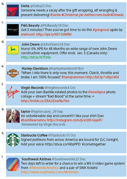 As you have learned in this chapter, the time-tried AIDA sales technique is alive and well even in 140-character Twitter messages. Of course, we can't expect to find all four parts in a single tweet. Your Task. Study the following tweets and describe the persuasive techniques they employ. Hint: You may find that Twitter users rely on attention getters, calls for action, emotional appeals, incentives, and testimonials. They may also create urgency to stoke readers' interest. Chat about your findings in class or on your favorite course management platform. Your instructor may ask you to collect your own examples of persuasive tweets or other social media posts and discuss their frequency as well as effectiveness. After you have collected a sample large enough to allow you to generalize, compose an e-mail or post about your observations.