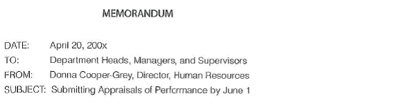 The following memo has errors involving grammar, punctuation, wording, lead-ins, parallelism, language, listing techniques, and other problems. You may either (a) use standard proofreading marks (see Appendix B) to correct the errors here or (b) download the document from your companion Web site and revise at your computer. Study the guidelines in the Grammar/Mechanics Handbook to sharpen your skills.    This is to inform you that performance appraisals for all you employees must be submitted by June 1. These appraisal are especially important and essential this year because of job changes, new technologys and because of office reorganization. To complete your performance appraisals in the most effective way, you should follow the procedures described in our employee handbook, let me briefly make a review of those procedures; 1. Be sure each and every employee has a performance plan with three or 4 main objective. 2. For each objective make an assessment of the employee on a scale of 5 (consistently exceeds requirements) to 0 (does not meet requirements. 3. You should identify three strengths that he brings to the job. 4. Name 3 skills that he can improve. These should pertain to skills such as Time Management rather then to behaviors such as habitual lateness. 5. You should meet with the employee to discuss his appraisal. 6. Then, be sure to obtain the employees signature on the form. We look upon appraisals as a tool for helping each worker assess his performance. And enhance his output. Please submit and send each employees performance appraisal to my office by June 1. If you would like to discuss this farther, please do not hesitate to call me.