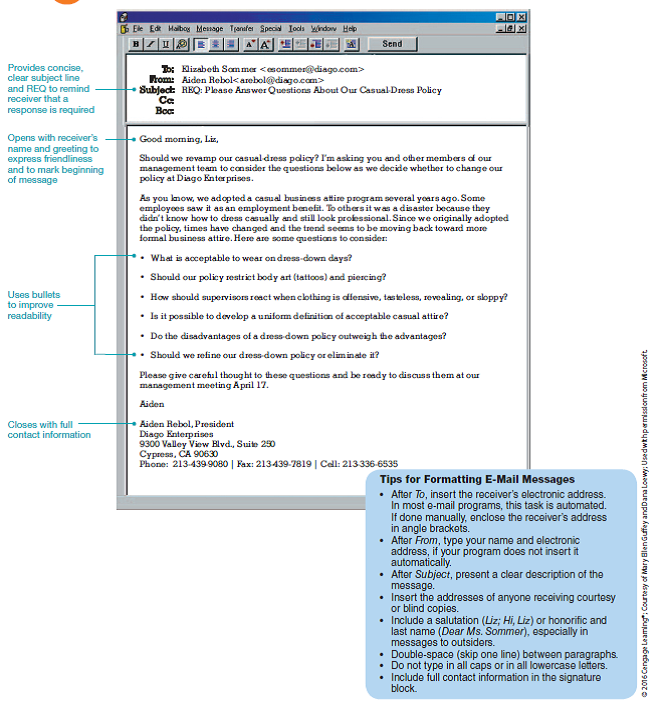 Casual dress in professional offices has been coming under attack. Your boss, Elizabeth Sommer, received the e-mail shown in Figure 5.1. She thinks it would be a good assignment for her group of management trainees to help her respond to that message. She asks your team to research answers to the first five questions in President Aiden Rebol's message. She doesn't expect you to answer the final question, but any information you can supply to the first questions would help her shape a response. Diago Enterprises, LLC, is a public CPA firm with a staff of 90 CPAs, bookkeepers, managers, and support personnel. Located in Cypress, California, the plush offices on Valley View Boulevard overlook Oak Knoll Park. The firm performs general accounting and audit services as well as tax planning and preparation. Accountants visit clients in the field and also entertain them in the downtown office.  Your Task. Decide whether the entire team will research each question in Figure 5.1 or whether individual team members will be assigned certain questions. Collect information, discuss it, and reach consensus on what you will report to Ms. Sommer. As a team write a concise one-page response. Your goal is to inform, not persuade. Remember that you represent management, not students or employees.  