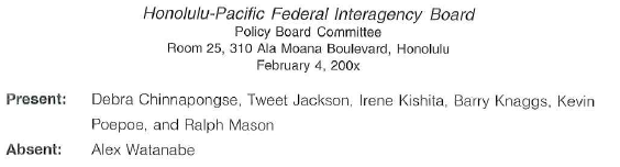 The following report of meeting minutes has faults in grammar, punctuation, spelling, number form, wordiness, and word use. Use standard proofreading marks (see Appendix B) to correct the errors. When you finish, your instructor can show you the revised version of this summary.    The meeting was call to order by Chair Kevin Poepo at 9:02 a.m. in the morning. Minutes from the January 6th meeting was read and approve. Old Business  Debra Chinnapongse discussed the cost of the annual awards luncheon. That honors outstanding employees, The ticket price ticket does not cover all the expenses incured. Major expenses include: awards, leis, and complementary lunches for the judges, VIP guests and volunteers. Honolulu-Pacific Federal Interagency Board can not continue to make up the difference between income from tickets and costs for the luncheon. Ms. Chinnapongse reported that it had come to her attention that other interagency boards relied on members contributions for their awards' programs. MOTION: To send a Letter to board members asking for there contributions to support the annual awards luncheon, (Chinapongse/Kishita). PASSED 6-0. Reports  Barry Knaggs reported that the homeland defense committee sponsored a get acquainted meeting in November. More than eighty people from various agencys attended. The Outreach Committee reports that they have been asked to assist the Partnership for Public Service, a non profit main land organization in establishing a speakers bureau of Hawaiian Federal employees. It would be available to speak at schools and colleges about Federal jobs and employment. New Business  The chair announced a Planning Meeting to be held in March regarding revising the emergency dismissal plan. In other New Business Ralph Mason reported that the staff had purchased fifty tickets for members, and our committees to attend the Zig Ziglar seminar in the month of March. Next Meeting  The next meeting of the Policy Boare Committee will be held in early AprI at the Fleet and Industrial Supply Center, Pearl harbor. At that time the meeting will include a tour of the Red Hill under ground fuel storage facility. The meeting adjourned at 10:25 am by Keven Poepoe. Respectfully submitted,