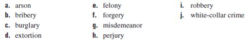 Match each of the numbered definitions with the correct term in the list below. Write the letter of your choice in the answer column.     Taking or demanding money or other property from someone by using force or threats of force or economic harm.?_______