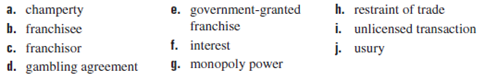 Match each of the numbered definitions with the correct term in the list below. Write the letter of your choice in the answer column.     The independent company to whom a legal monopoly is granted.?______
