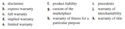 Match each of the numbered definitions with the correct term in the list below. Write the letter of your choice in the answer column.     An implied warranty that goods sold are fit for the ordinary purpose for which they are intended.?______