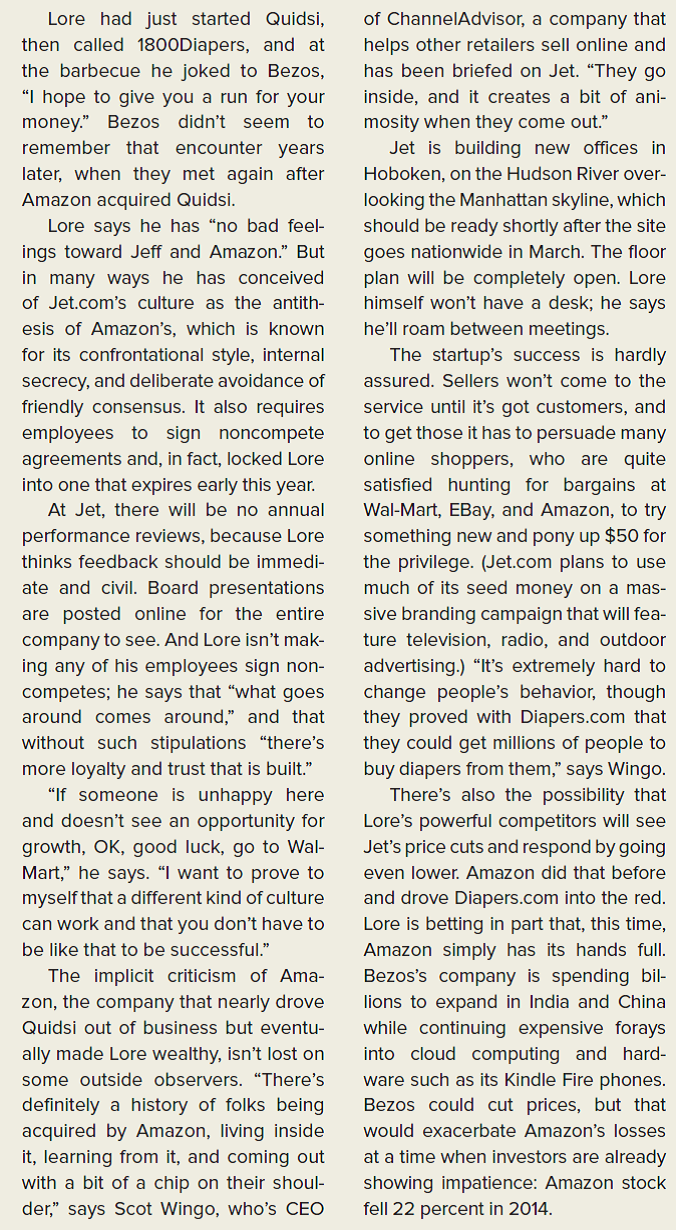 BLOOMBERG BUSINESSWEEK CASE IN THE NEWS [LO2-1, 2-2, 2-5] Wipe Off That Smile: An Amazon Veteran Is Launching a Shopping Site That Is Part Costco, Part Mall, and All Anti-Amazon            In what ways do you think that Lore will influence the culture at jet.com?