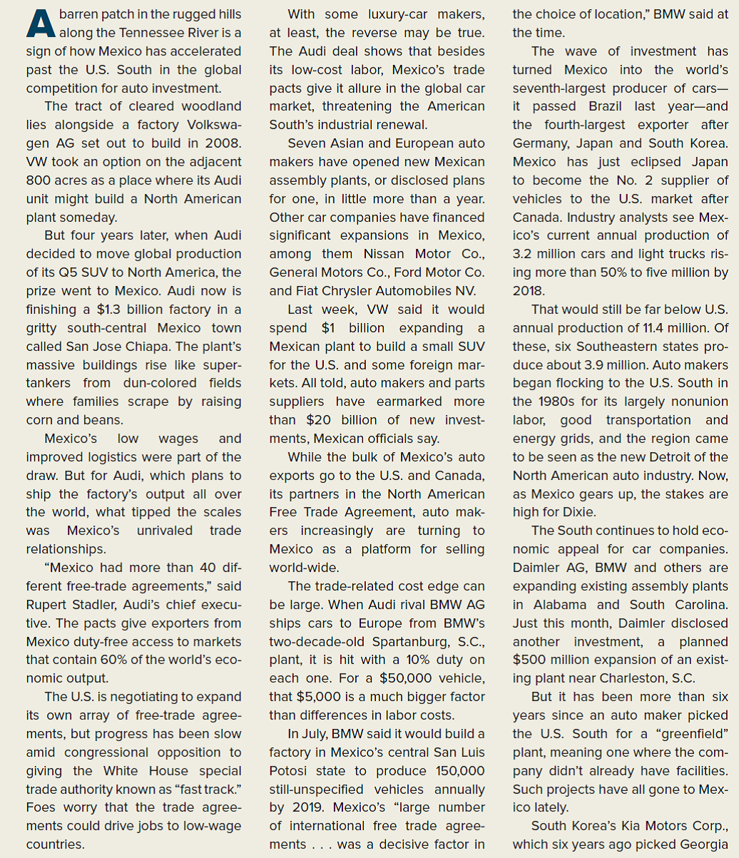 THE WALL STREET JOURNAL CASE IN THE NEWS [LO 4-1, 4-2, 4-3, 4-4, 4-5] Why Auto Makers Are Building New Factories in Mexico, Not the U.S.  Array of Free-Trade Pacts Favors Mexico over U.S. South as Site for North American Assembly Plants        if Mexico has that advantage and we don't. Audi took the unusual step of preparing a source list for every part of the Q5 model that local suppliers must use. What is the advantage of this management decision? Is there a disadvantage?