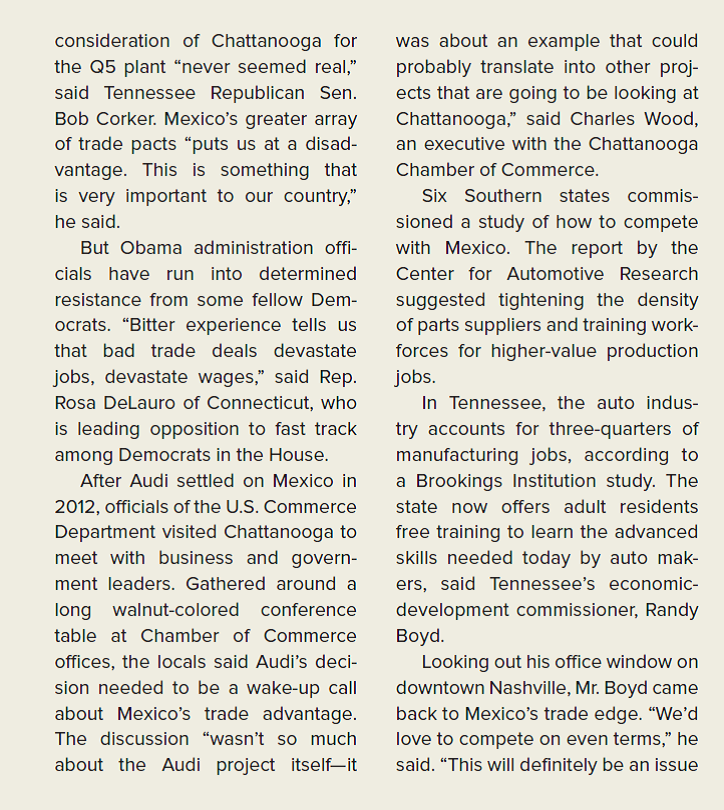 THE WALL STREET JOURNAL CASE IN THE NEWS [LO 4-1, 4-2, 4-3, 4-4, 4-5] Why Auto Makers Are Building New Factories in Mexico, Not the U.S.  Array of Free-Trade Pacts Favors Mexico over U.S. South as Site for North American Assembly Plants        if Mexico has that advantage and we don't. Audi took the unusual step of preparing a source list for every part of the Q5 model that local suppliers must use. What is the advantage of this management decision? Is there a disadvantage?