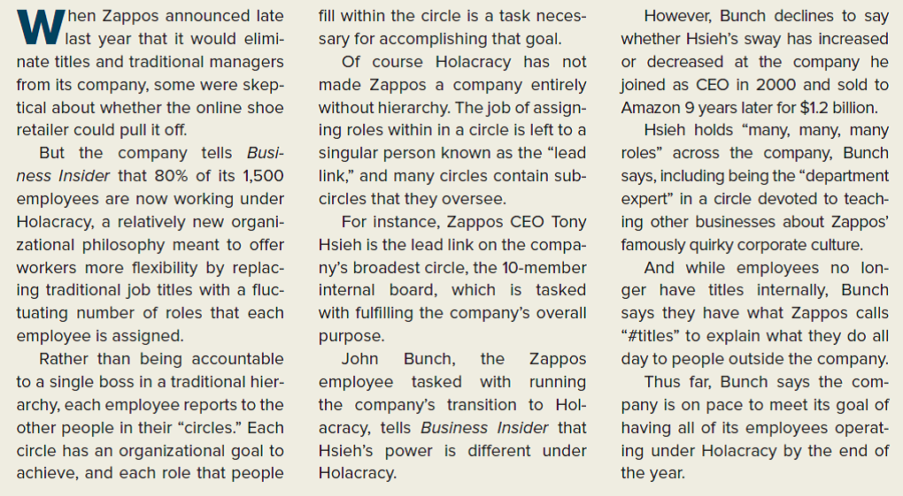 BUSINESS INSIDER CASE IN THE NEWS [LO 7-1, 7-2, 7-3, 7-4] 80% of Zappos Employees No Longer Have a Manager        How might fluctuating job roles affect employees' productivity?