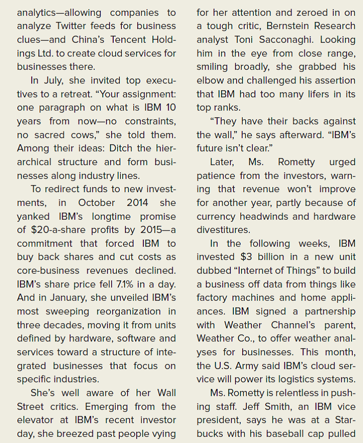THE WALL STREET JOURNAL CASE IN THE NEWS [LO 8-1, 8-3, 8-4, 8-5] Behind Ginni Rometty's Plan to Reboot IBM  Big Blue's CEO pushes it toward analytics, mobile, cloud computing            How would you describe Rometty's approach to output control? Provide several examples to support your view.