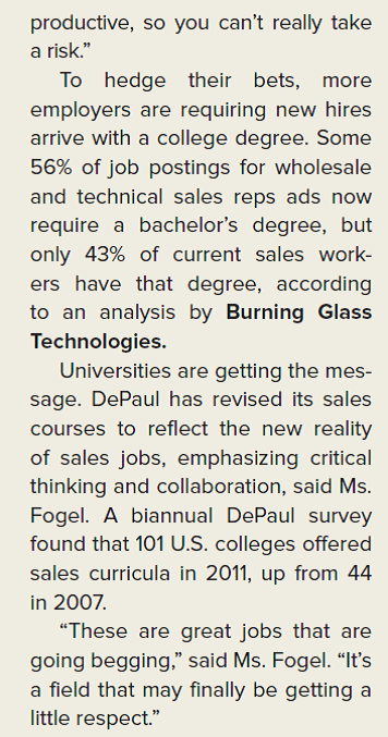 THE WALL STREET JOURNAL CASE IN THE NEWS [LO 9-1, 9-2, 9-3, 9-4] Bright Future in Sales? Millennials Are Hesitant        From a need theory perspective, what steps can managers take to make sales positions attractive and motivating for millennials?