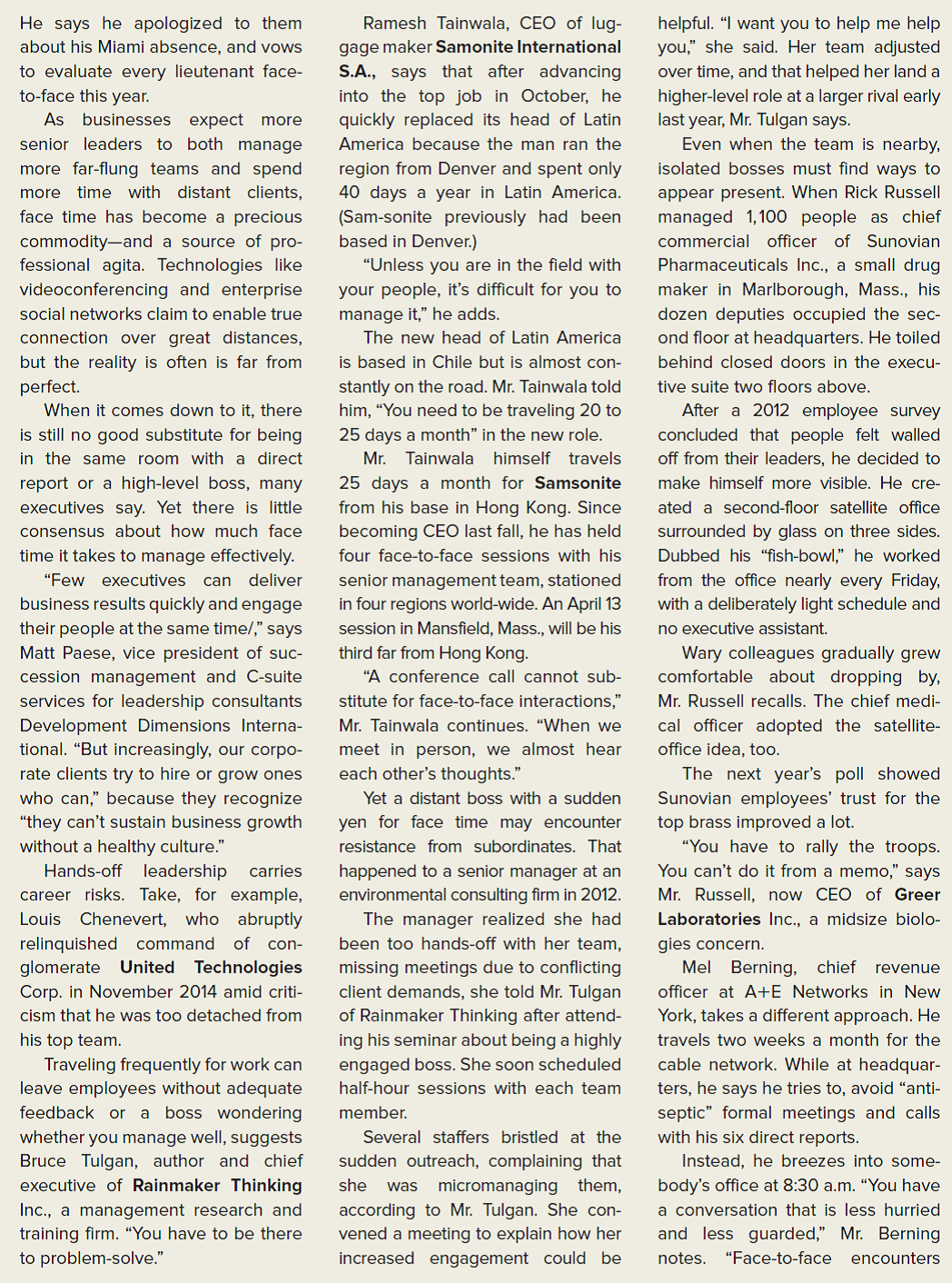 THE WALL STREET JOURNAL CASE IN THE NEWS [LO 10-1, 10-2, 10-4, 10-5] Managers Need to Make Time for Face Time       How might face-to-face interactions help managers effectively engage in transformational leadership?<div style=padding-top: 35px> 