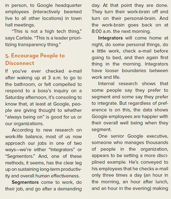 FAST COMPANY CASE IN THE NEWS [LO 13-1, 13-2, 13-3] How Google Humanizes Technology in the Workplace, and You Can, Too Technology keeps us from interacting face-to-face more often, but Google is changing the way we adapt to this new era of communication.         What are some advantages and disadvantages of Google managers making themselves available live and in person to employees on a weekly basis?<div style=padding-top: 35px> 