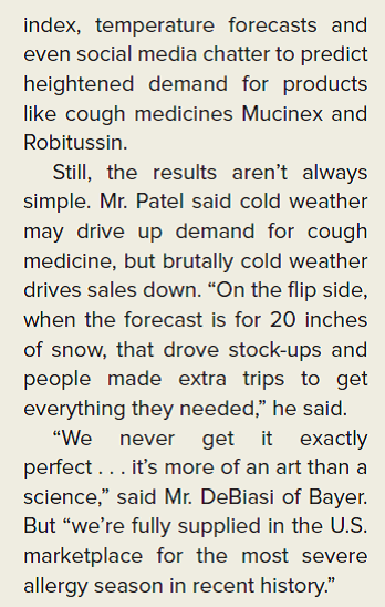 THE WALL STREET JOURNAL CASE IN THE NEWS [LO 14-1, 14-2, 14-3, 14-4] Big Data Brings Relief to Allergy Medicine Supply Chains A severe allergy season in parts of the country is pressing providers to get the right medicine to the right pharmacies at the right time.       In what ways does Bayer's operations management system help improve the company's efficiency?<div style=padding-top: 35px> 