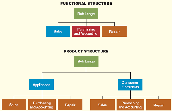 Bob's Appliances Form groups of three or four people, and appoint one member as the spokesperson who will communicate your findings to the class when called on by the instructor. Then discuss the following scenario. Bob's Appliances sells and services household appliances such as washing machines, dishwashers, ranges, and refrigerators. Over the years, the company has developed a good reputation for the quality of its customer service, and many local builders patronize the store. Recently, some new appliance retailers, including Best Buy, have opened stores that also provide numerous appliances. To attract more customers, however, these stores also carry a complete range of consumer electronics products-televisions, stereos, and computers. Bob Lange, the owner of Bob's Appliances, has decided that if he is to stay in business, he must widen his product range and compete directly with the chains. In 2007, he decided to build a 20,000-square-foot store and service center, and he is now hiring new employees to sell and service the new line of consumer electronics. Because of his company's increased size, Lange is not sure of the best way to organize the employees. Currently, he uses a functional structure; employees are divided into sales, purchasing and accounting, and repair. Bob is wondering whether selling and servicing consumer electronics is so different from selling and servicing appliances that he should move to a product structure (see the figure) and create separate sets of functions for each of his two lines of business. 50 You are a team of local consultants whom Bob has called in to advise him as he makes this crucial choice. Which structure do you recommend Why