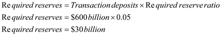 (a) Calculate money supply (M1) -   The Money supply (M1) is $900 billion. (b) Total reserves = $36 billion Required reserve ratio = 0.05 Transaction deposits = $600 billion Calculate required reserves -   The required reserves are $30 billion. Calculate Excess reserves -   The excess reserves are $6 billion. (c) Calculate Money Multiplier -   The Money multiplier is 20. (d) Available lending capacity of banking system is equal to excess reserves it held. In given case, banking system holds $6 billion as excess reserves. So, the available lending capacity is $6 billion.