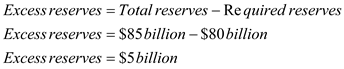 (a) M1 measure of money supply includes currency in circulation, transaction deposits, and traveler's checks. Calculate money supply (M1) -   The Money supply (M1) is $900 billion. (b) Total reserves = $85 billion Required reserve ratio = 0.10 Transaction deposits = $800 billion Calculate required reserves -   The required reserves are $80 billion. Calculate Excess reserves -   Banks are said to be fully utilizing their lending capacity when excess reserves with banks are zero. However, in given case, banks have excess reserves of $5 billion. So, banks are not fully utilizing their lending capacity. (c) Both currency in circulation (cash held by public) and transaction deposits are part of M1. When public transfers $20 billion in cash into transactions account, one component of M1 (cash held by public) is decreasing while another component of M1 (transaction deposits) is increasing and that also by same amount. When one component of a total increases and another decreases and that also by same amount, total remain unchanged. So, initially (before any lending takes place), money supply will remain unchanged. (d) New transaction deposits = $20 billion Required reserve ratio = 0.10 Calculate required reserves with respect to new deposits -   The required reserves with respect to new deposits are $2 billion. Calculate Excess reserves created by new deposits -   Calculate Total excess reserves with banking system after portfolio switch -   The total excess reserves with banking system after portfolio switch are $23 billion. Quantum of excess reserves determines the lending capacity of banking system. Banks have excess reserves of $23 billion after portfolio switch. Thus, the total lending capacity of the banking system is $23 billion after this portfolio switch. (e) When banks make a loan they do not pay cash but opens a transaction deposit in name of borrower with the amount of loan. Borrower can withdraw money (amount of loan) from this account as and when he needs money. In the given case, total lending capacity of the banking system is $23 billion. If banks fully utilize their lending capacity then they will dispense the loan amounting $23 billion. This lending of $23 billion will create transaction deposits of $23 billion. Transaction deposits are counted as part of money supply. So, this increase in transaction deposits will increase the money supply by $23 billion. Thus, total money supply would be ($1,100 billion+$23 billion) $1,123 billion. (f) Three steps that the Fed could take to offset this potential growth in M1 - 1. Fed can raise the reserve requirement. 2. Fed can raise the discount rate. 3. Fed can undertake the open market sale of government securities.