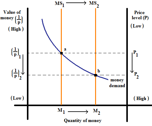 From the quantity theory of money, an increase in the quantity of money causes a proportional decrease in the real value of money.   From the graph, we could observe that when the Money supply is increased from MS 1 to MS 2 , the equilibrium shifts from 'a' to 'b' as the increase in the quantity of money reduces its demand. Thus the increase in the money supply from MS 1 to MS 2 decreases the value of money from   .