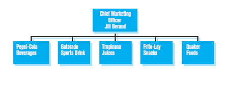 Redesigning PepsiCo Assume that you are asked to assist in the redesign of the organization structure at PepsiCo. Assume also that PepsiCo has the structure drawn below for its major products. PepsiCo Chairwoman and CEO Indra Nooyi presents one reason she would like to see a new organization structure: We have some of the world's strongest brands and some of the world's greatest marketers, but never have we integrated our marketing efforts in a holistic, global and disciplined fashion across the PepsiCo enterprise. We want to integrate our brand marketing efforts and stay ahead of macro consumer trends with a deeper level of sophistication. In creating your revised organization structure you will be working closely with Jill Beraud, the Global Chief Marketing Officer at PepsiCo. Her goal is to build PepsiCo's food and beverage brands on an international scale and integrate the company's entire marketing efforts. Draw a revised organization structure that will help PepsiCo attain the marketing integration it seeks.